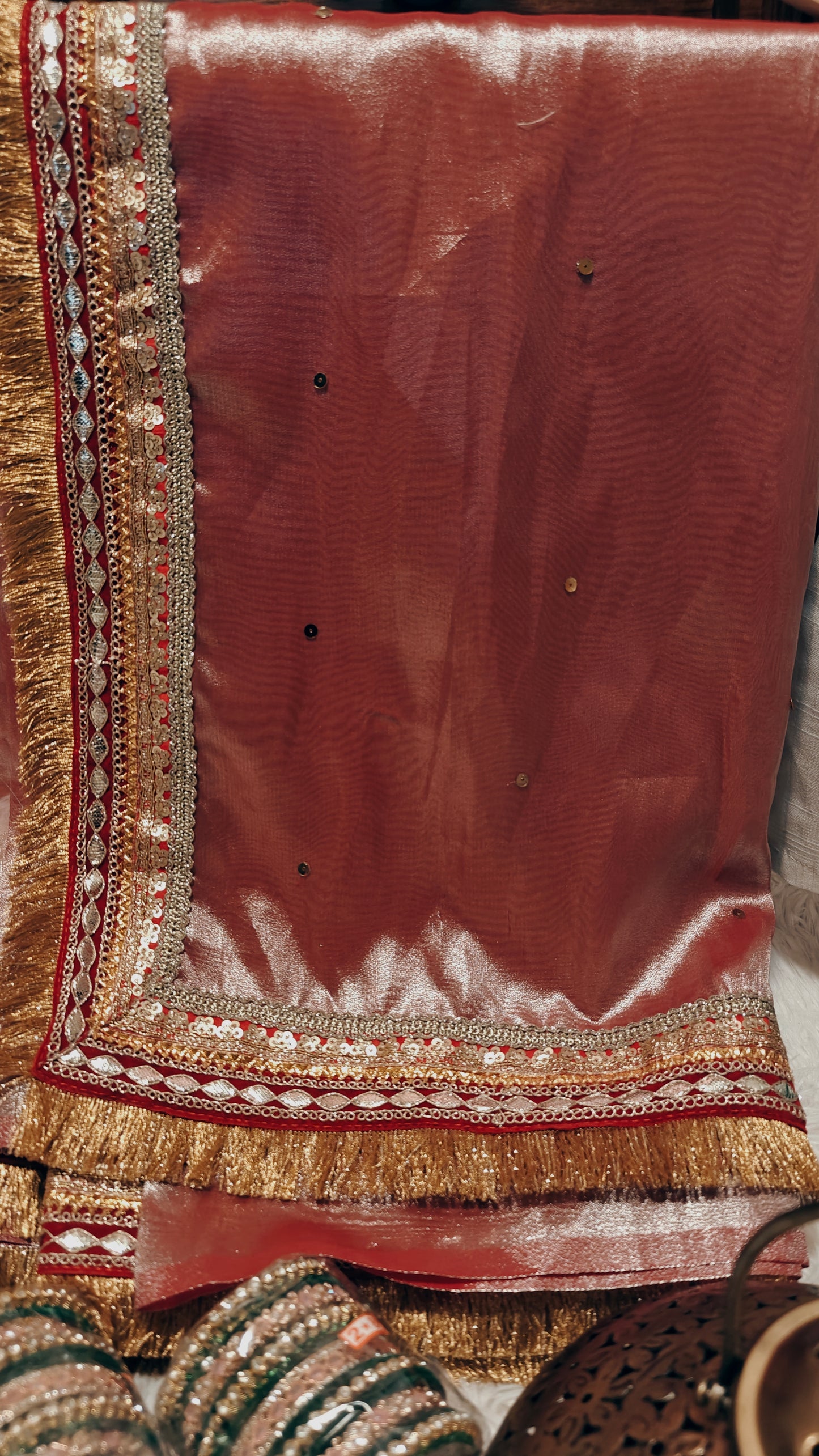 Shimmer Gold Tissue Saree With Stitched Blouse