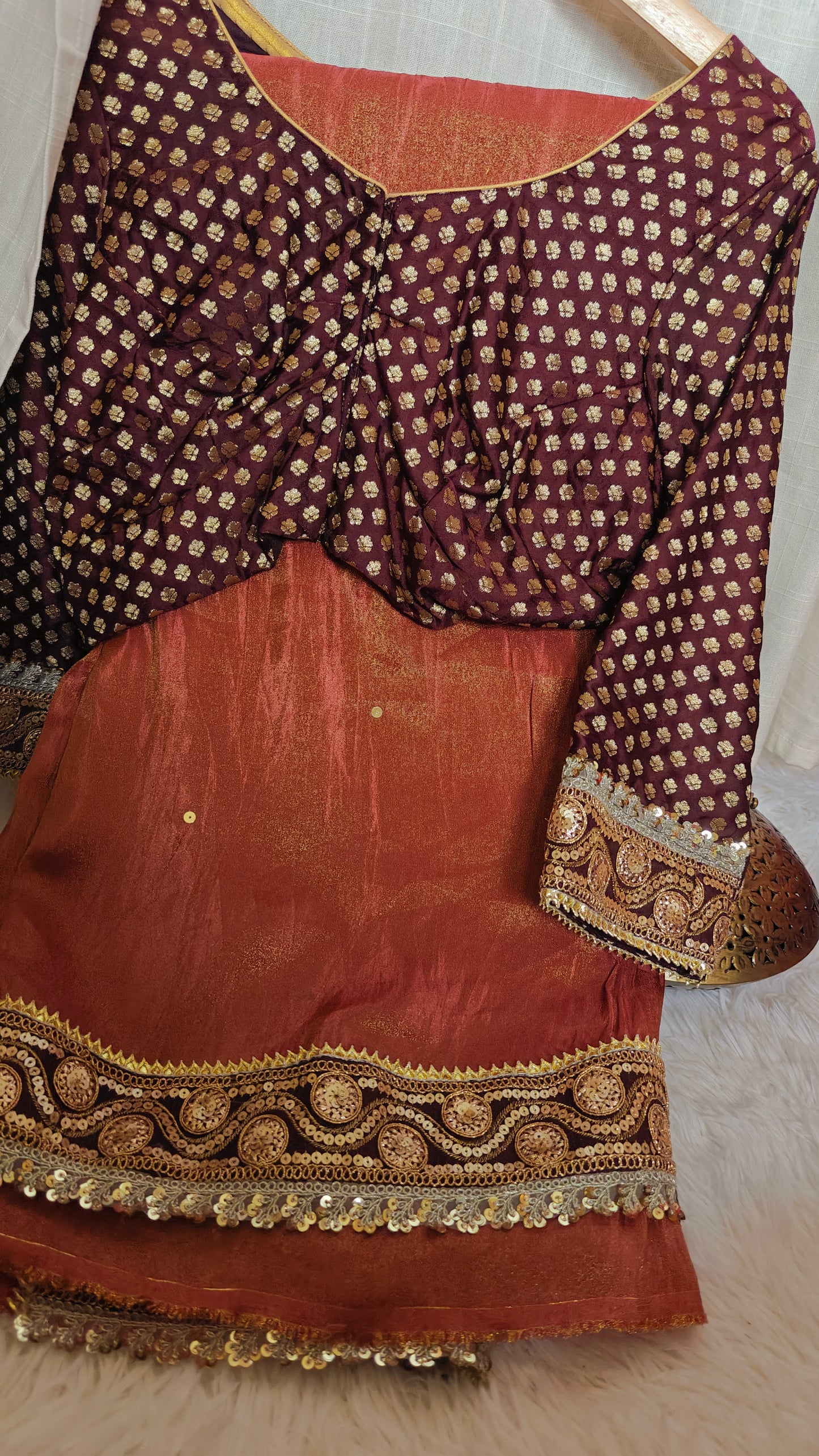 Maroon Shimmer Gold Tissue Saree With Stitched Blouse