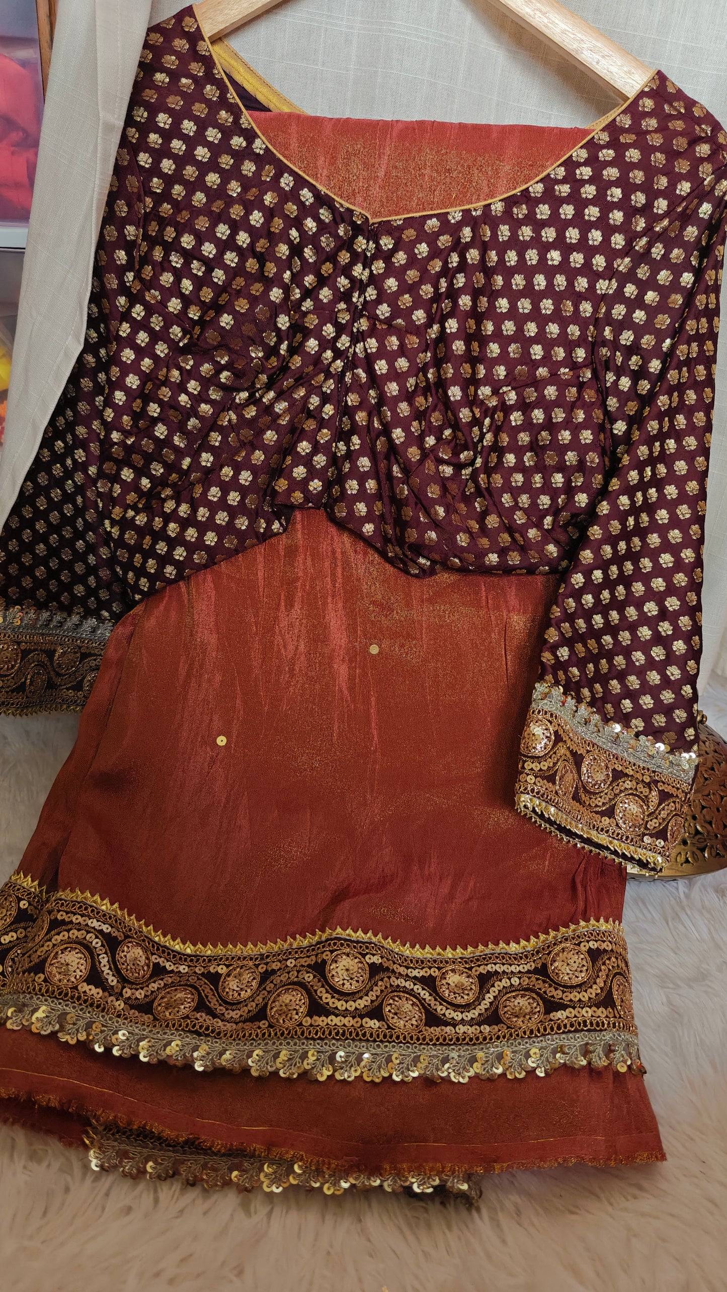 Maroon Shimmer Gold Tissue Saree With Stitched Blouse