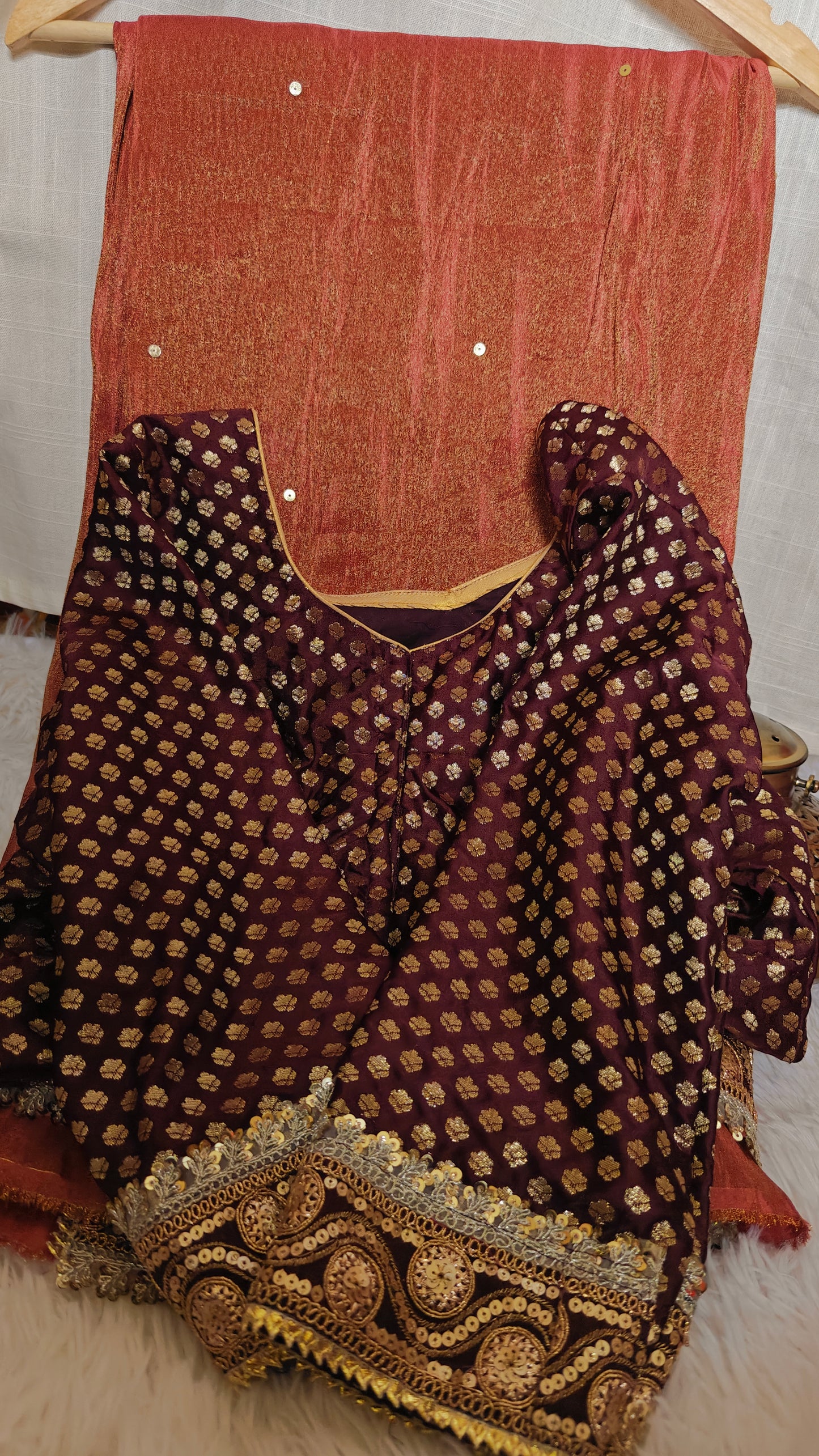 Maroon Shimmer Gold Tissue Saree With Stitched Blouse