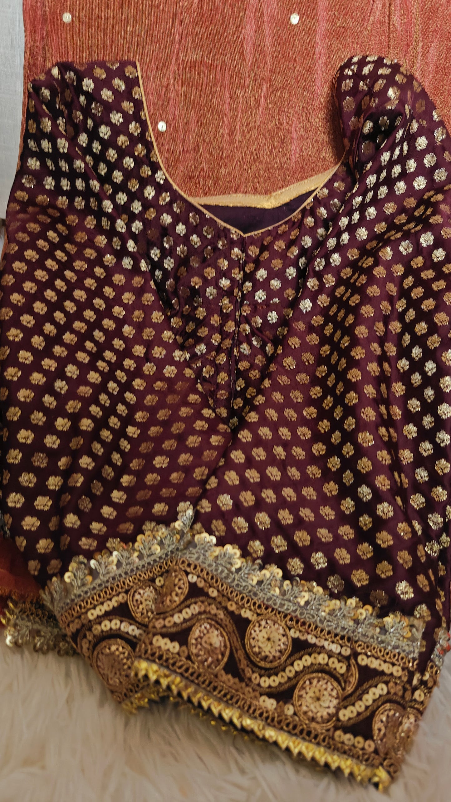 Maroon Shimmer Gold Tissue Saree With Stitched Blouse