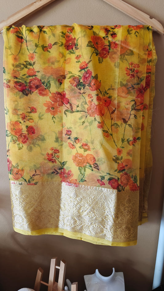 Mustard Color Organza Floral Saree